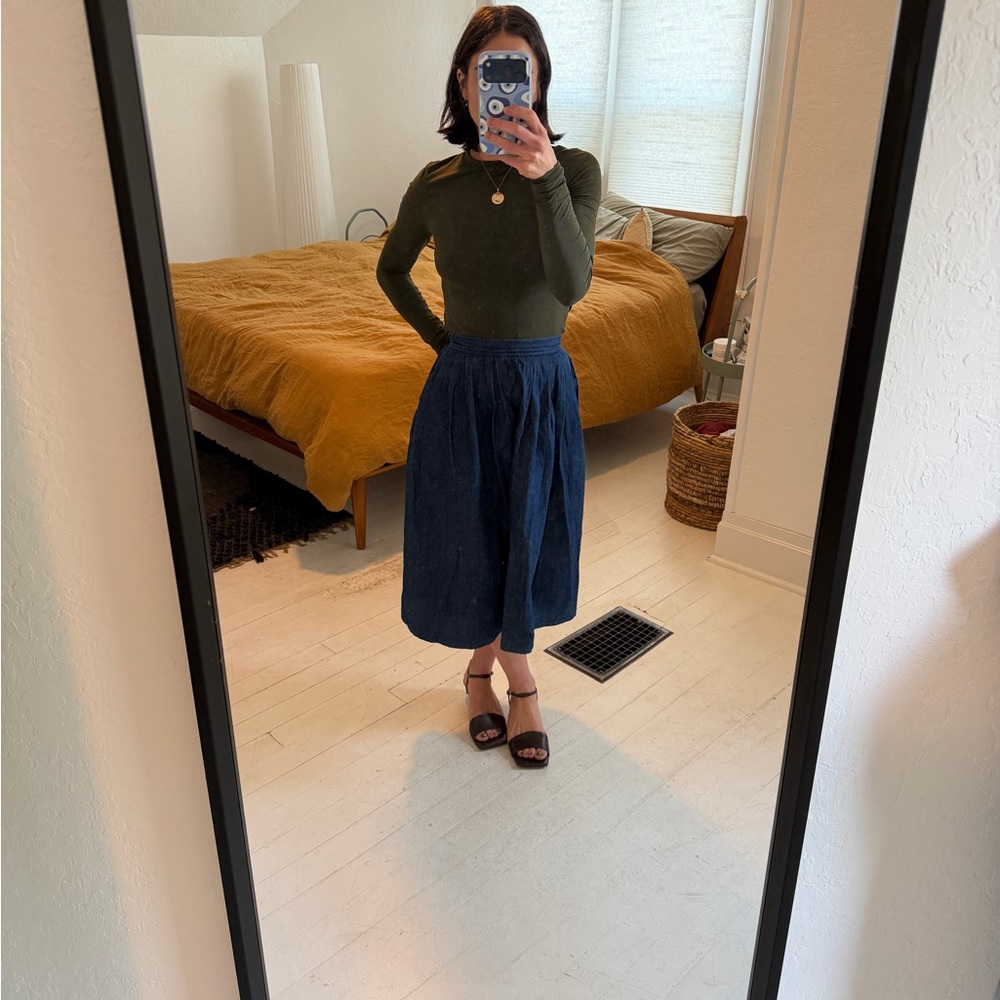 Vintage Indigo Denim A-Line Pleated Midi Skirt - Women's